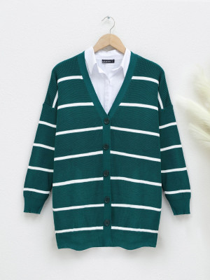 Striped Buttoned Cardigan -Emerald
