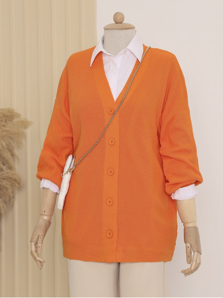 Ribbed Buttoned Knitwear Cardigan  -Orange