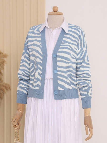Patterned Short Knitwear Cardigan -Blue