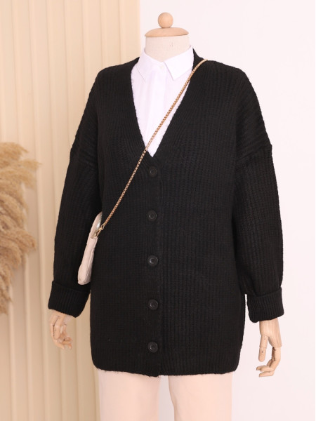 Knitting Pattern Thick Buttoned Cardigan -Black