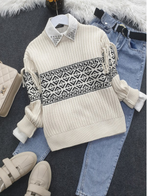Round Neck Sleeves Tasseled Knitwear Sweater -Cream color