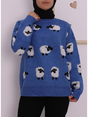 Animal Figured Jacquard Knitwear Sweater -Blue
