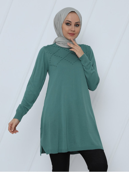 Crew Neck Front Pompom Knitwear Tunic  -Mint Color