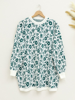 Floral Patterned Round Neck Knitwear Tunic -Emerald