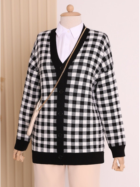 Square Patterned Buttoned Double Layer Cardigan -Black