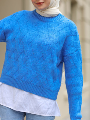 Crew Neck Cross Knit Short Sweater -Blue