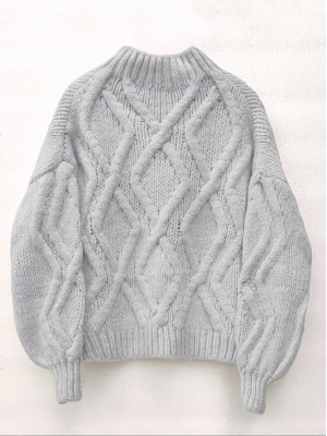Half Neck Balloon Sleeve Winter Sweater  - Light grey