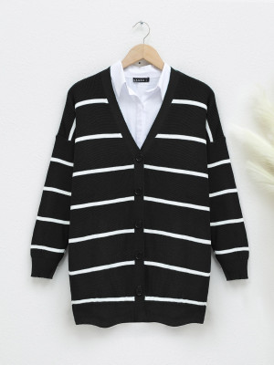 Striped Buttoned Cardigan -Black