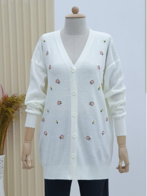 Daisy Embroidered Buttoned Cardigan -Ecru