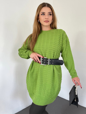 Embossed Patterned Round Neck Knitwear Tunic -LIGHT GREEN