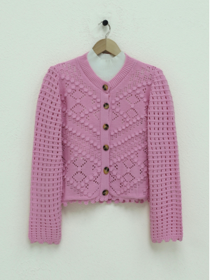 Openwork Embossed Bone Buttoned Knitted Cardigan  -Pink