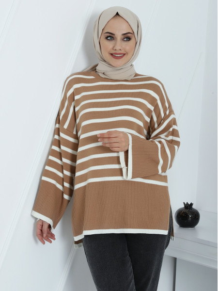Striped Oversize Double Layer Knitwear Tunic with Side Slits -Mink color