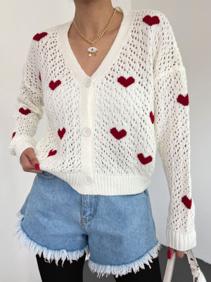 Heart Pattern Buttoned Openwork Knitwear Cardigan -Ecru