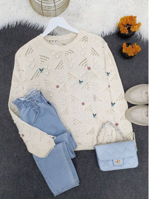 Laced Sleeves Pompom Embroidered Sweater -Cream color