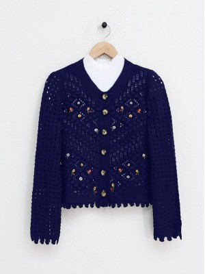 Floral Embroidered Pompom Openwork Knitted Cardigan    -Navy blue