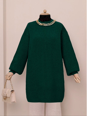 Balloon Sleeve Yumoş Knitted Knitwear Tunic      -Emerald