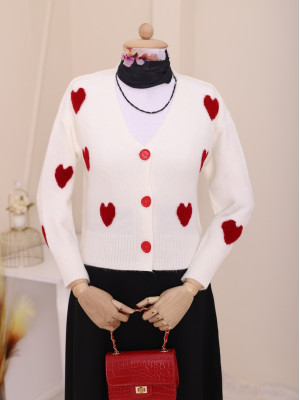 Embossed Heart Patterned Knitwear Cardigan -Ecru