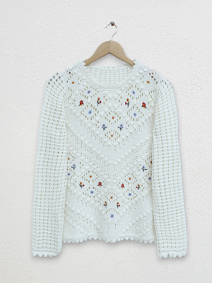 Floral Embroidered Openwork Knitwear Sweater -Ecru