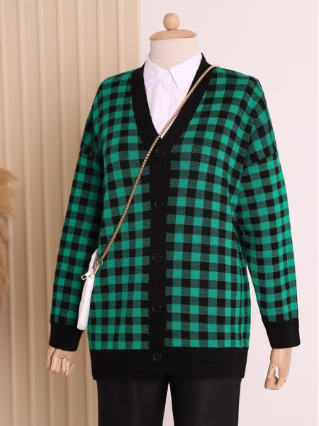 Square Patterned Buttoned Double Layer Cardigan -Emerald