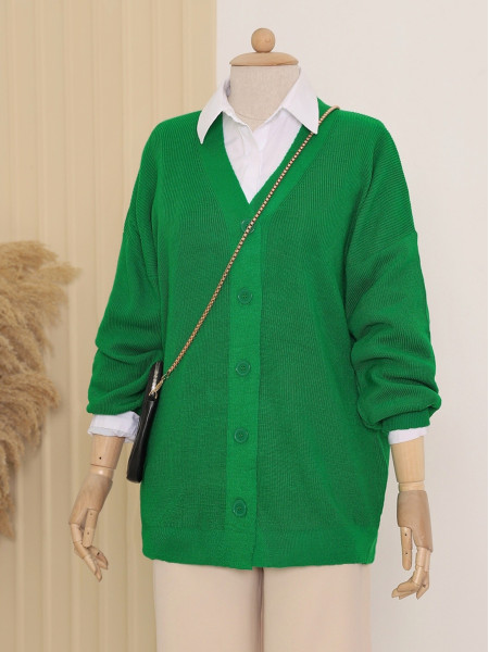 Ribbed Buttoned Knitwear Cardigan  -Green