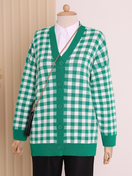 Square Patterned Buttoned Double Layer Cardigan -Green