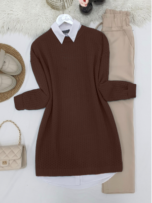 Crew Neck Knitted Patterned Knitwear Tunic  -Brown