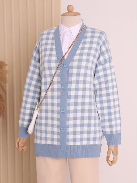 Square Patterned Buttoned Double Layer Cardigan -Baby Blue