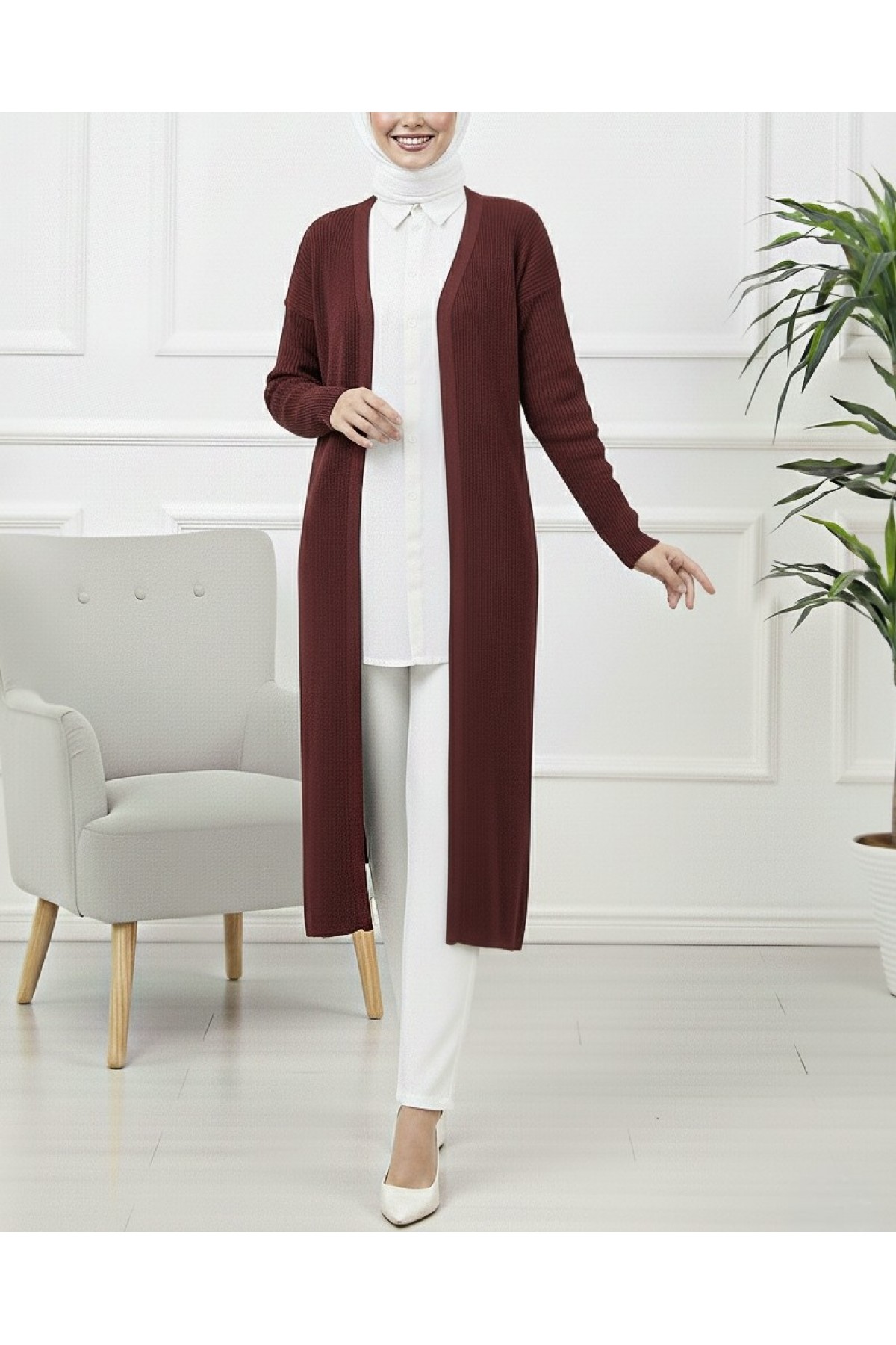 Long Knitted Cardigan with Side Slits  -Maroon