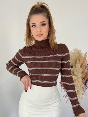 Half Neck Ribbed Knitwear Blouse -Brown