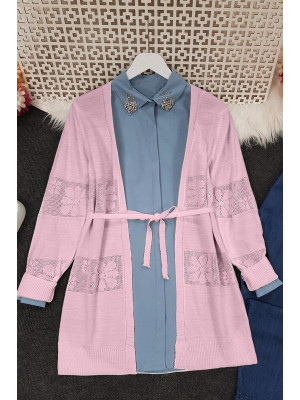 Belted Daisy Patterned Cardigan  -Powder