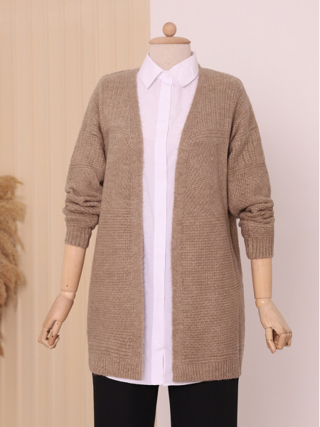 Mid-length Knitted Patterned Knitwear Cardigan -Mink color