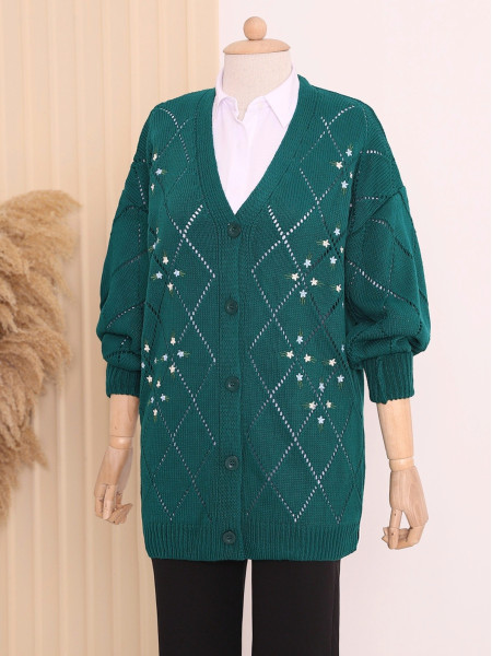 Openwork Floral Embroidered Buttoned Knitwear Cardigan     -Emerald