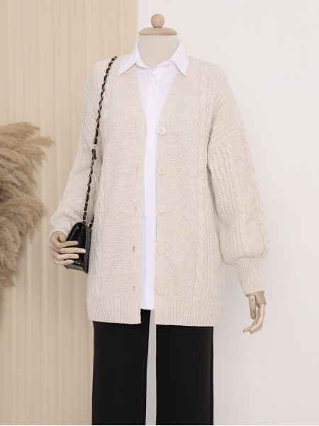 Button Down Knit Patterned Cardigan -Stone