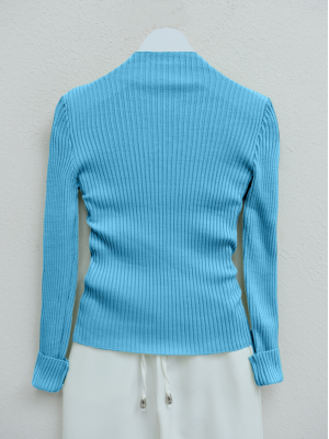 Half-Neck Ribbed Knitwear Sweater - Turquoise