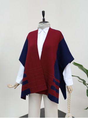 Short Sleeve Knitwear Poncho with Side Slits -Navy blue