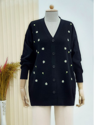 Daisy Embroidered Buttoned Cardigan -Black