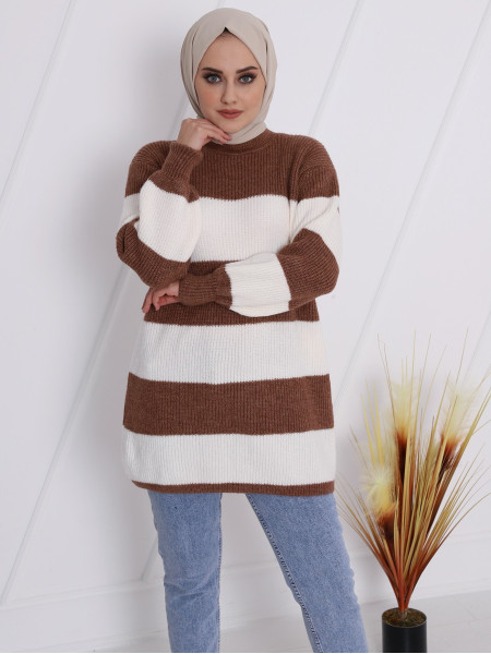 Half Neck Striped Thessaloniki Knitted Sweater -Brown