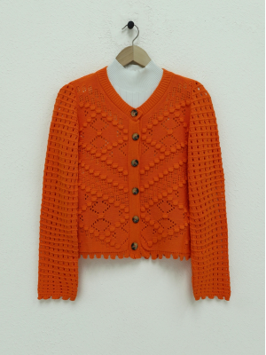 Openwork Embossed Bone Buttoned Knitted Cardigan  -Orange