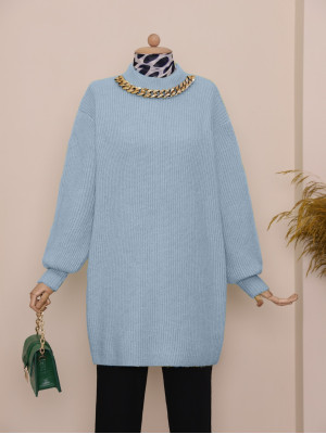 Balloon Sleeve Yumoş Knitted Knitwear Tunic    -Baby Blue