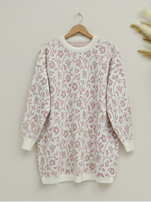 Floral Patterned Round Neck Knitwear Tunic -Powder