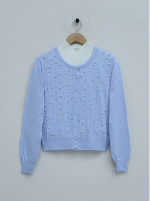Pompom Pearl Knitted Cardigan -Baby Blue