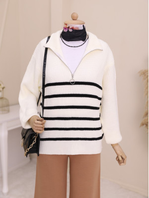 Half Zipper Side Striped Knitwear Sweater -Ecru