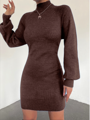 Yarım Boğazlı Kışlık Yumoş Triko Elbise    -Karamel