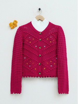 Floral Embroidered Pompom Openwork Knitted Cardigan -Fuchsia