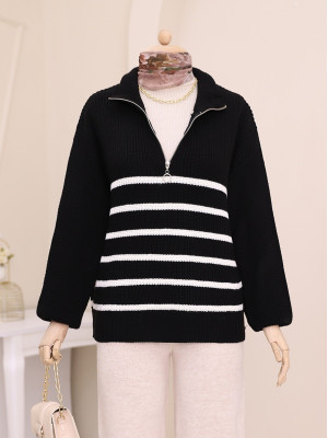 Half Zipper Side Striped Knitwear Sweater -Black