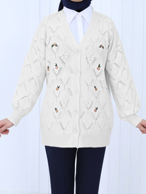 Pompom Floral Embroidered Buttoned Cardigan  -Stone