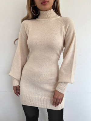 Yarım Boğazlı Kışlık Yumoş Triko Elbise -Taş