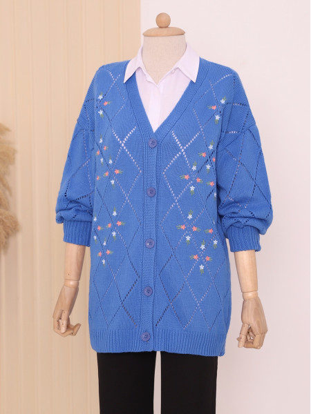 Openwork Floral Embroidered Buttoned Knitwear Cardigan    -Dark blue