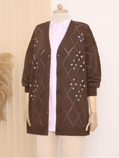 Openwork Floral Embroidered Buttoned Knitwear Cardigan      -Dark Coffee