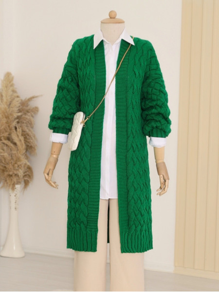 Hair Knitting Pattern Long Cardigan -Green